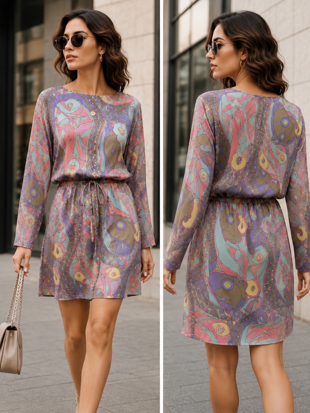 Vintage Gillian 100% Silk Abstract Print Drawstring Dress Size 4